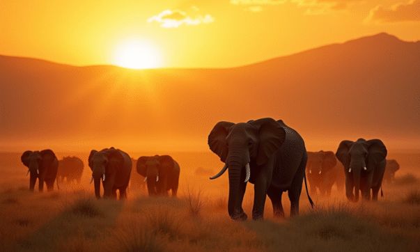 Herde d'elephants au lever du soleil dans la savane