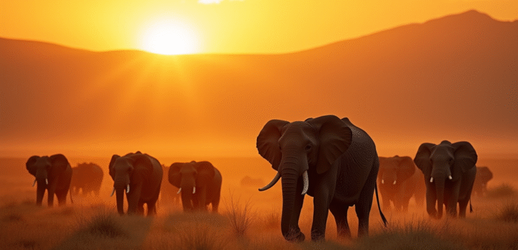 Herde d'elephants au lever du soleil dans la savane