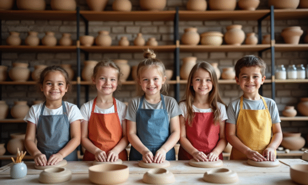 Groupe d'enfants en atelier de poterie à Paris