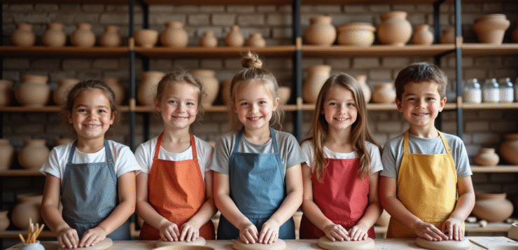 Groupe d'enfants en atelier de poterie à Paris