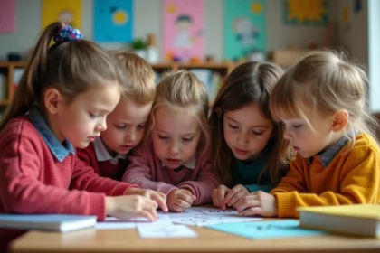 Groupe d'enfants concentrés autour d'une énigme en classe