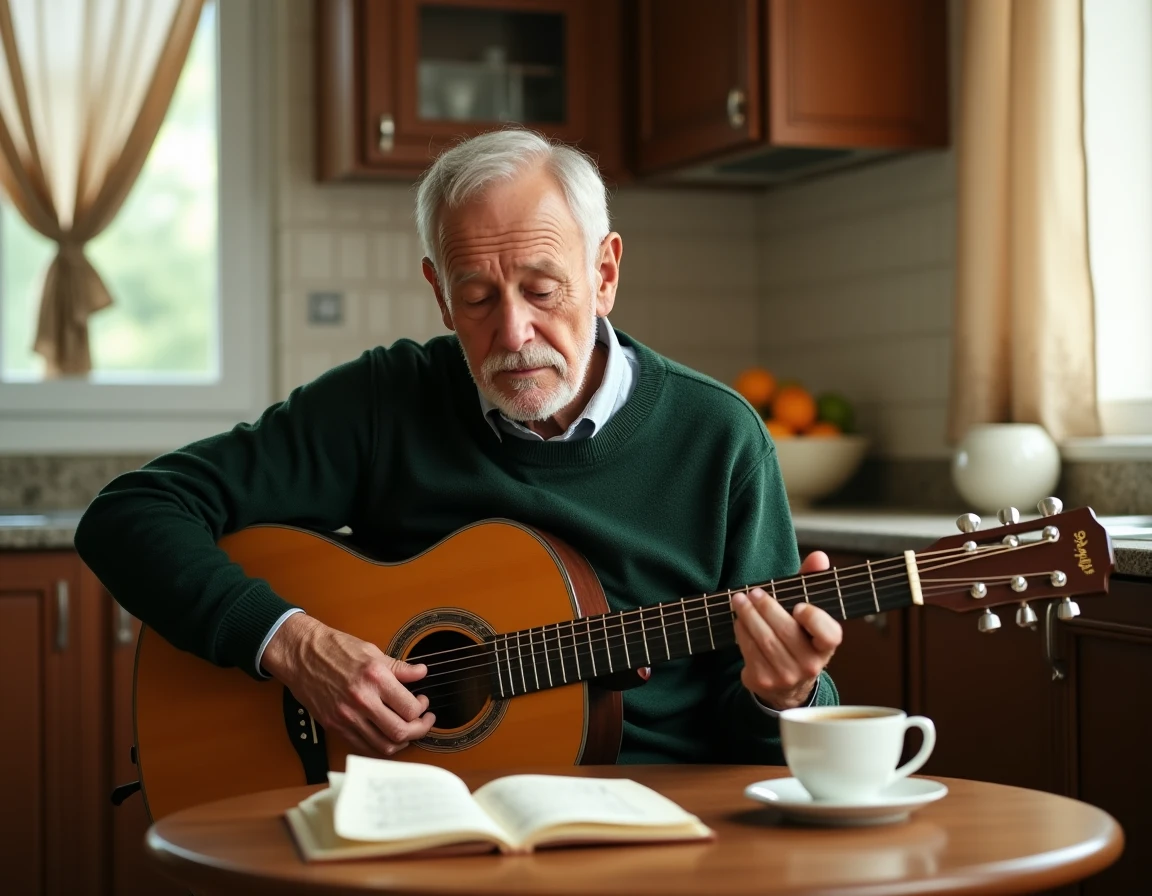 Homme d'âge mûr commettant une erreur de doigté sur une tablature Santiano dans une cuisine familiale