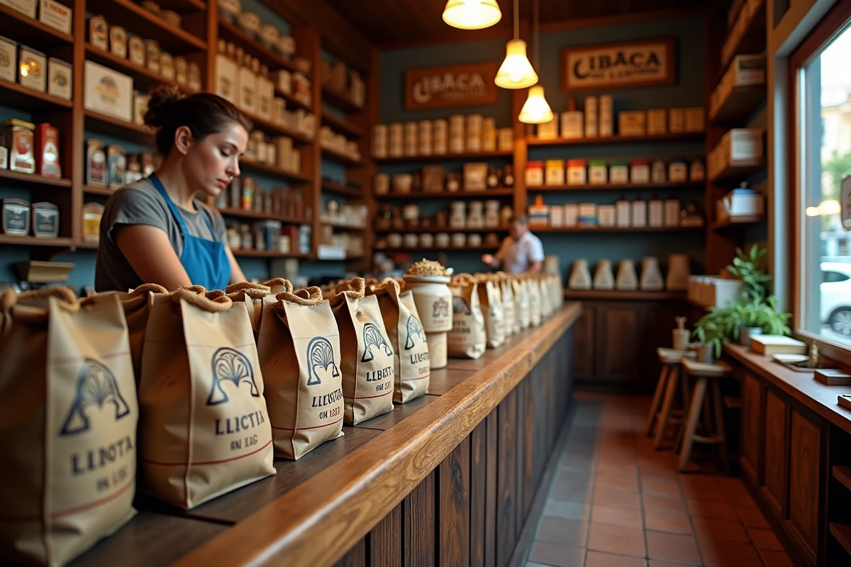 Intérieur d'un estanco espagnol avec seaux de tabac 1kg exposés sur le comptoir devant une buraliste