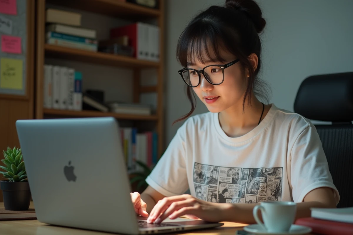Jeune femme étudiante lisant des scans One Piece sur son ordinateur portable dans sa chambre universitaire