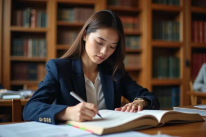 Jeune femme étudiant des textes juridiques dans une bibliothèque universitaire pour préparer un concours de droit