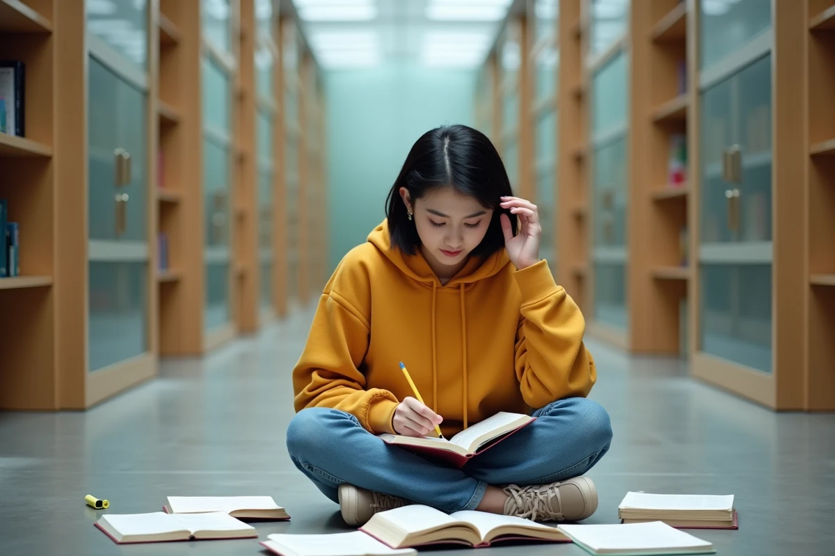 Étudiante révisant la grammaire française par terre dans une bibliothèque universitaire entourée de manuels de conjugaison