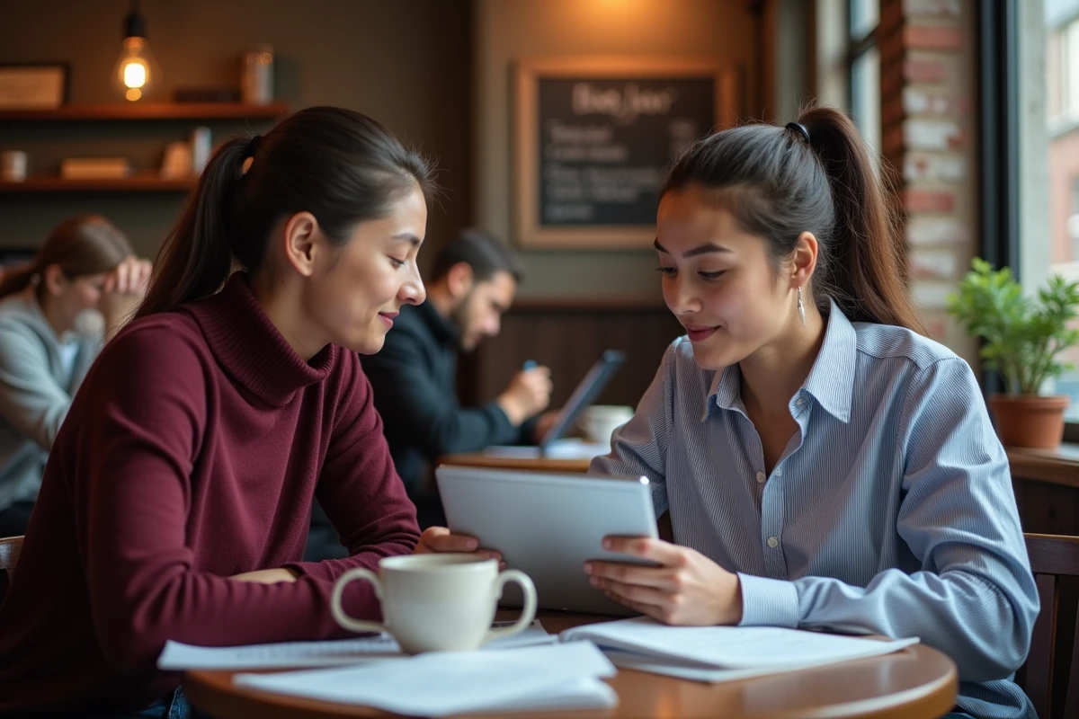Deux étudiantes révisant ensemble des fiches de droit dans un café pour préparer un concours juridique