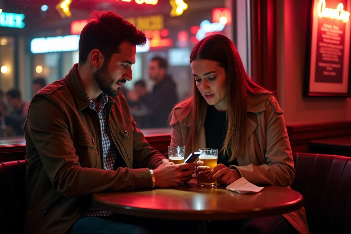 Deux amis vérifiant les avis en ligne sur leur téléphone dans un bar danse de Strasbourg pour éviter les attrape-touristes