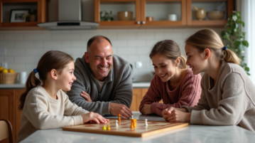 Famille de quatre souriante jouant à un jeu de société dans la cuisine