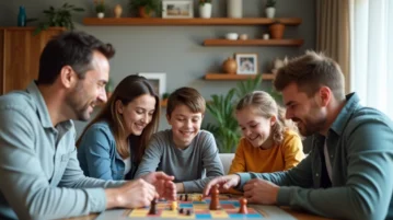 Famille moderne jouant à un jeu de société dans le salon