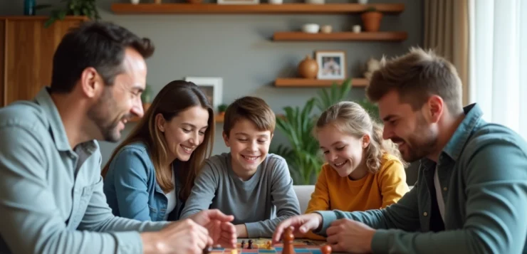 Famille moderne jouant à un jeu de société dans le salon