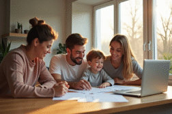 Famille moderne dans un salon lumineux examine des documents hypothécaire