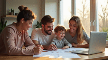 Famille moderne dans un salon lumineux examine des documents hypothécaire