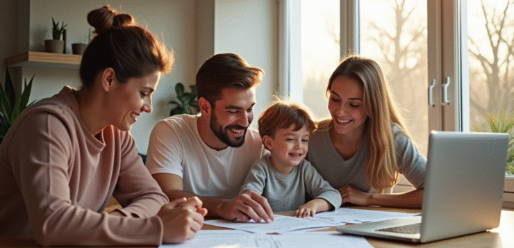 Famille moderne dans un salon lumineux examine des documents hypothécaire