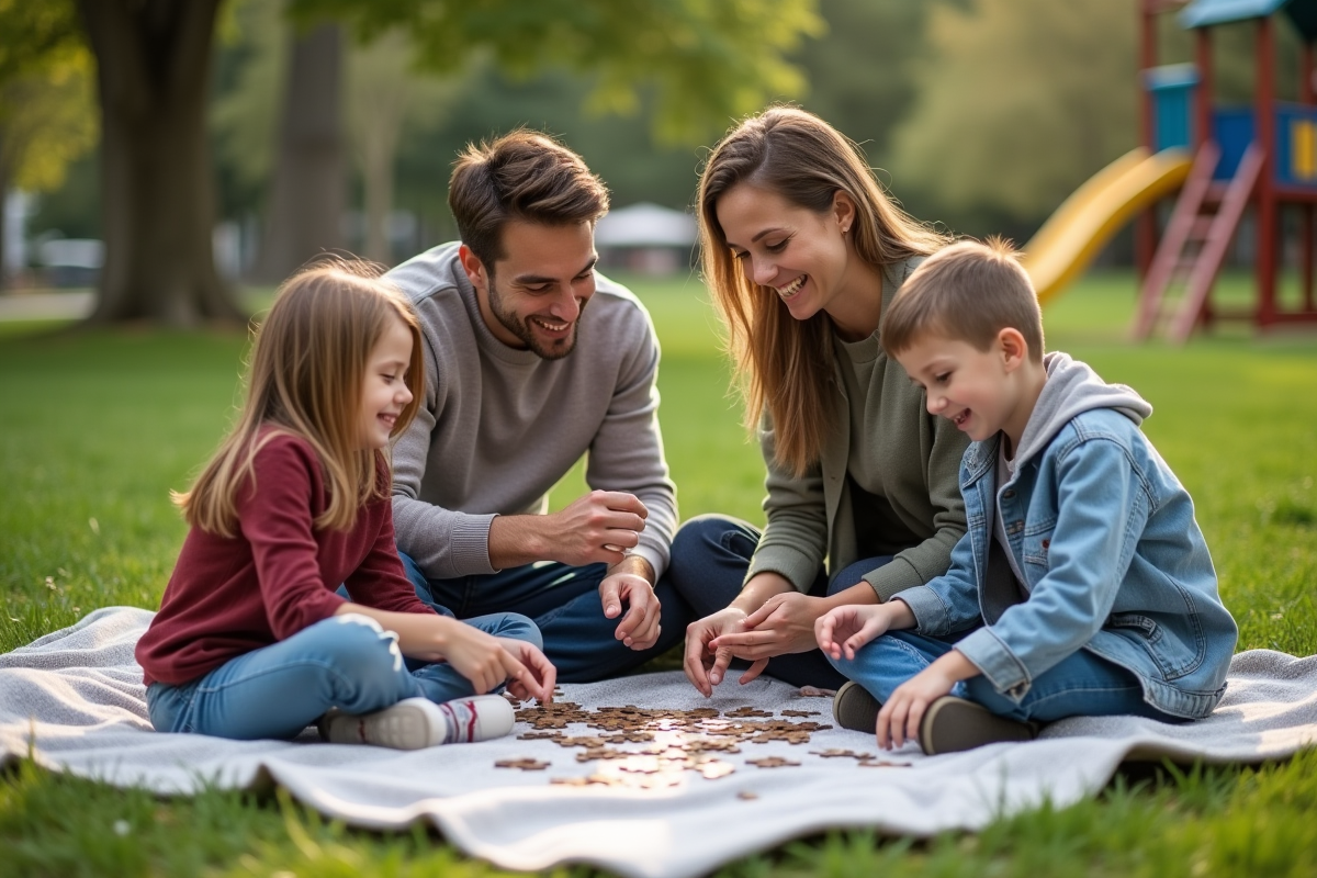 Famille réunie en plein air partageant un puzzle au parc