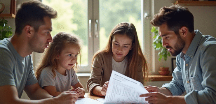 Famille diverse examinant des factures médicales à la maison