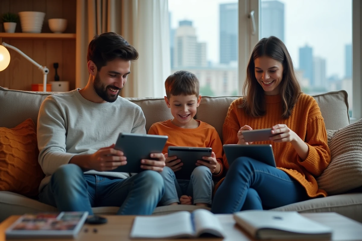 Famille de trois découvrant des tablettes 2026 dans un salon chaleureux