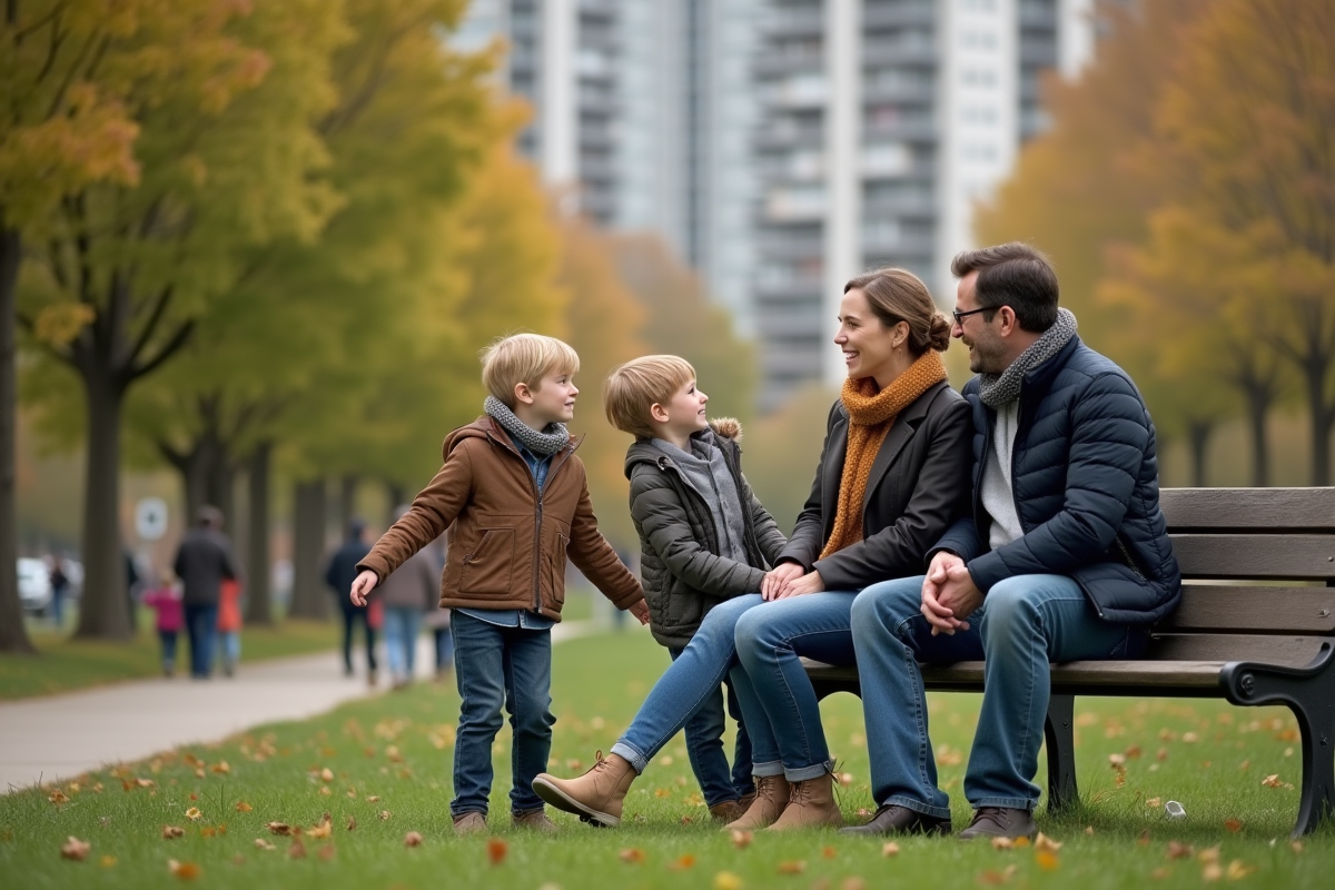 Famille dans un parc urbain avec enfants jouant dehors