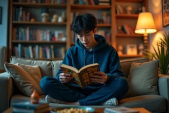 Jeune fan de One Piece lisant un scan manga sur son canapé entouré de collections de mangas et figurines