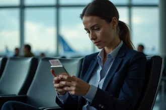 Jeune femme en blazer examinant son billet dans un aéroport