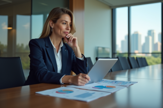 Femme d'affaires en réunion analysant des graphiques financiers