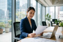 Jeune femme d'affaires en costume dans un bureau moderne