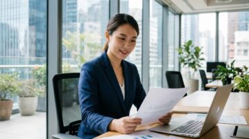 Jeune femme d'affaires en costume dans un bureau moderne