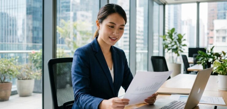 Jeune femme d'affaires en costume dans un bureau moderne
