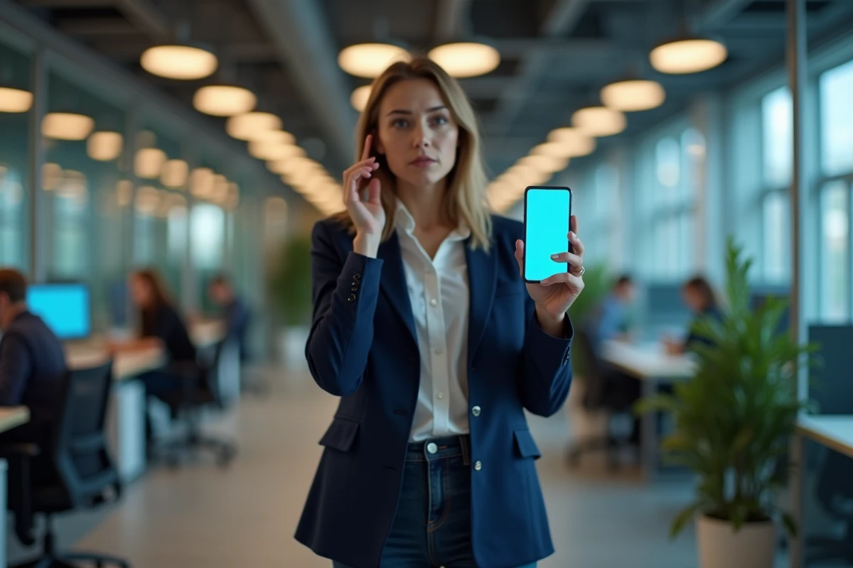 Femme professionnelle alarmée par une alerte de sécurité sur son smartphone, évoquant les risques de virus et de traçage liés à des plateformes de streaming non sécurisées