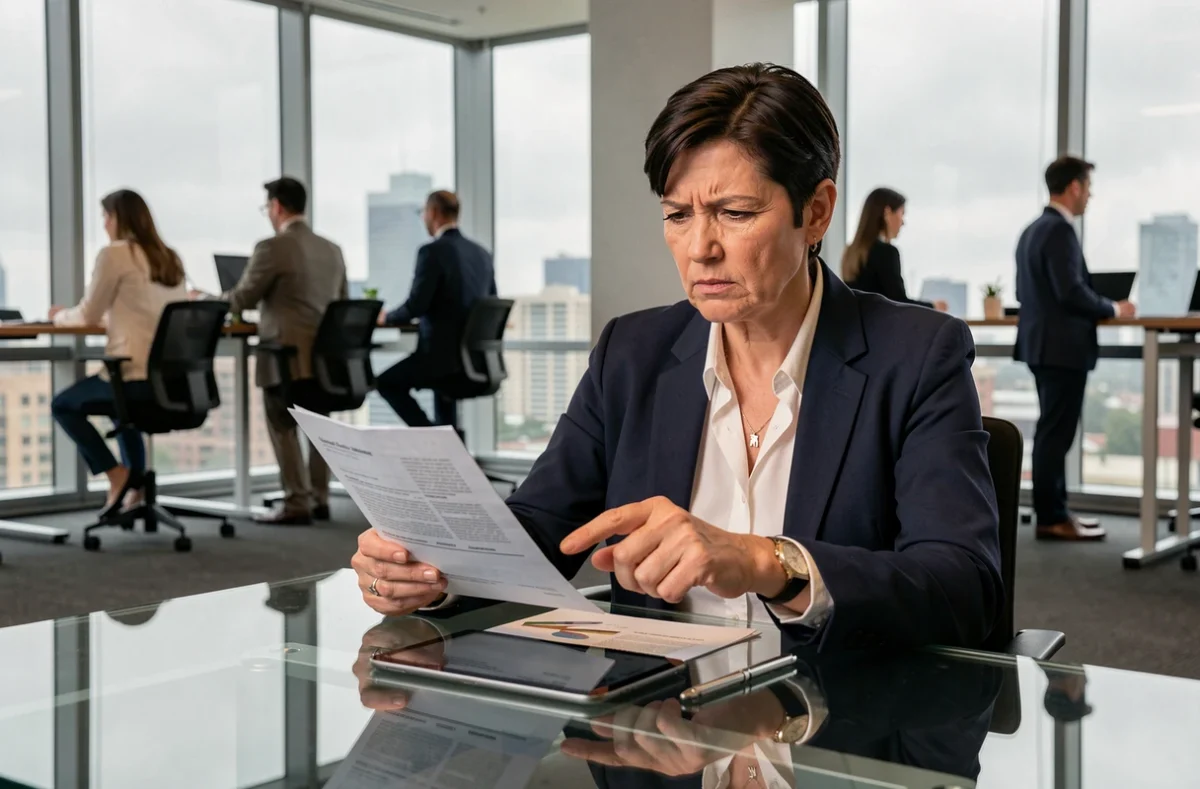 Femme professionnelle analysant des documents et une tablette dans un bureau moderne, illustrant une démarche de vérification et d'évaluation d'une plateforme numérique