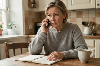 Femme d'âge mûr qui appelle un service d'annuaire téléphonique depuis sa cuisine avec un smartphone et un bloc-notes