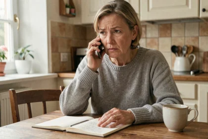 Femme d'âge mûr qui appelle un service d'annuaire téléphonique depuis sa cuisine avec un smartphone et un bloc-notes