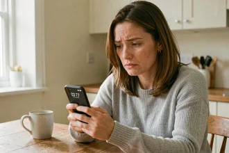 Femme regardant son smartphone avec un appel entrant d'un numéro inconnu en 03 77, assise dans une cuisine