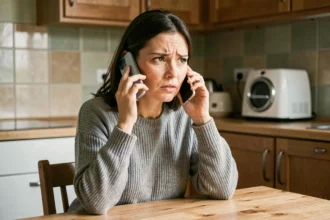 Femme appelant le service après-vente Darty par téléphone depuis sa cuisine avec un appareil en panne en arrière-plan