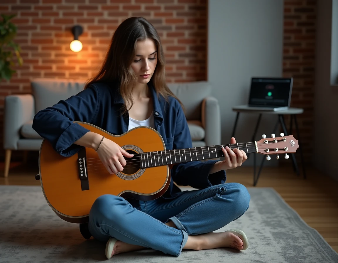 Jeune femme débutante apprenant la guitare acoustique avec une tablature Santiano sur son ordinateur portable