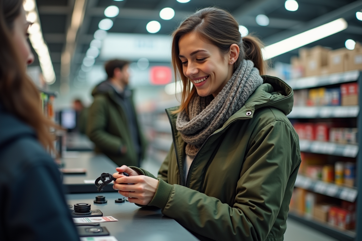 Jeune femme souriante compare deux pièces auto en magasin