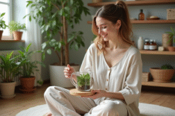 Femme souriante préparant une infusion aux herbes dans une cuisine lumineuse