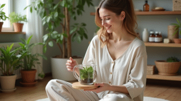 Femme souriante préparant une infusion aux herbes dans une cuisine lumineuse