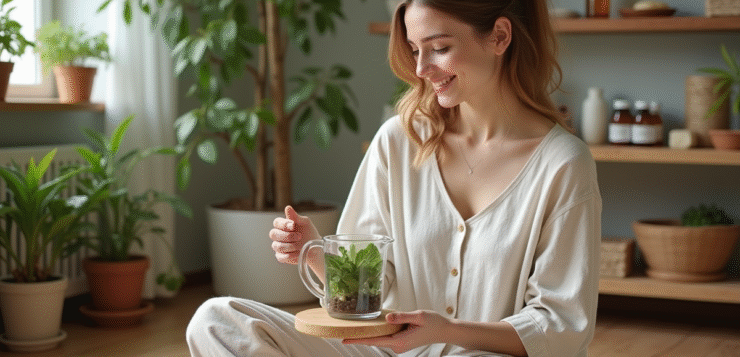 Femme souriante préparant une infusion aux herbes dans une cuisine lumineuse