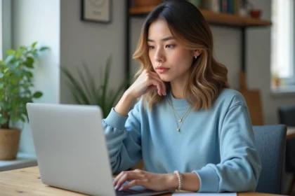 Jeune femme travaillant sur un blog tech dans un bureau lumineux