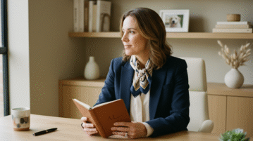 Femme en blazer navy tenant un carnet en cuir dans un bureau