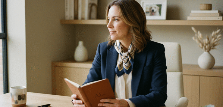 Femme en blazer navy tenant un carnet en cuir dans un bureau