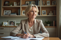 Femme d'âge moyen dans un bureau à domicile en train de lire des notes