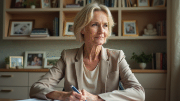 Femme d'âge moyen dans un bureau à domicile en train de lire des notes