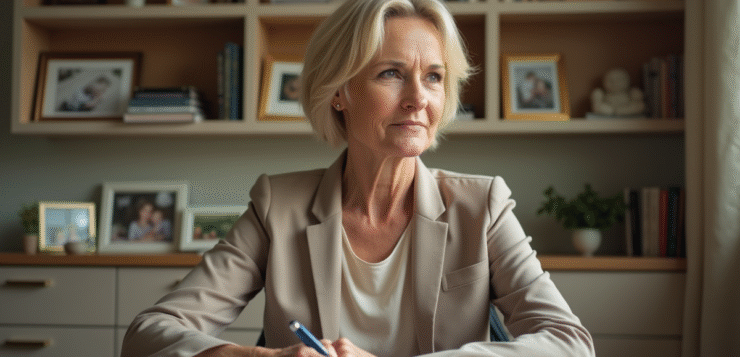 Femme d'âge moyen dans un bureau à domicile en train de lire des notes