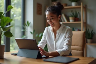 Jeune femme professionnelle utilisant une tablette 2026 dans un bureau moderne