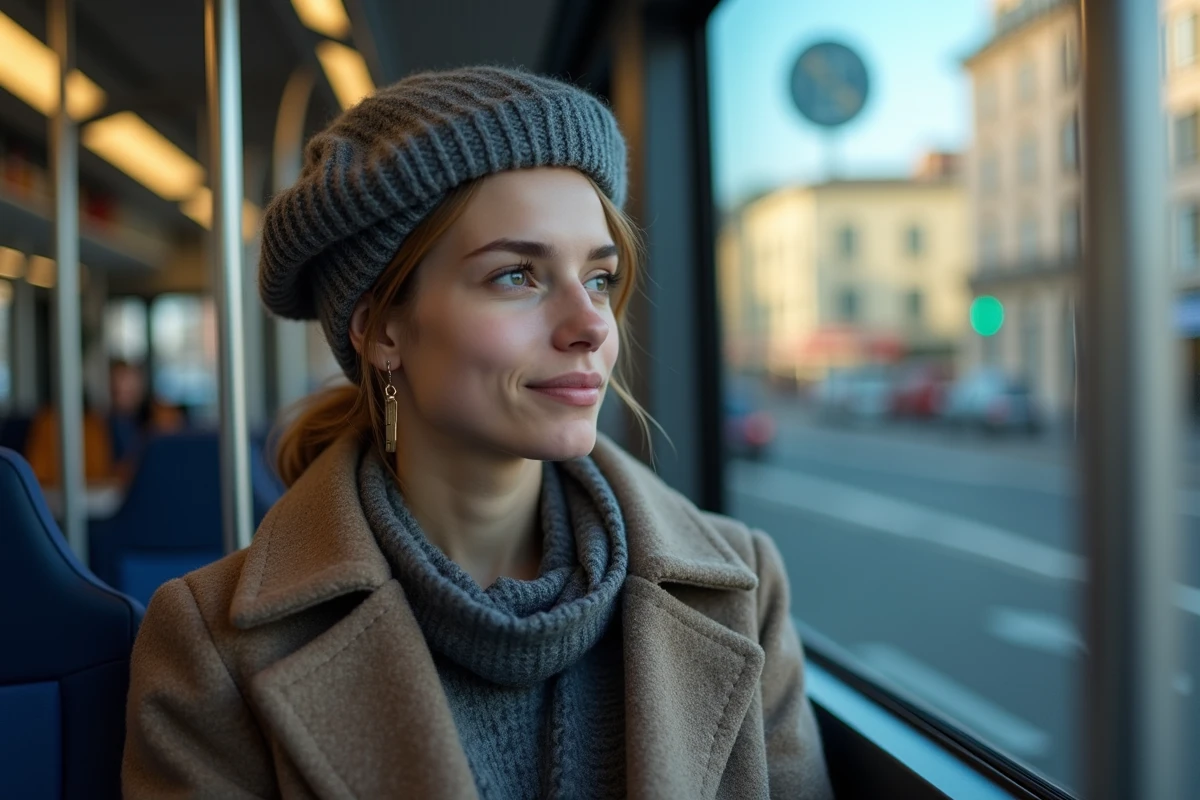 Jeune femme assise dans un bus lyonnais regardant par la fenêtre
