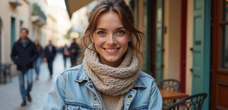 Jeune femme souriante dans un café français authentique