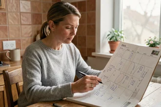 Femme consultant un calendrier papier pour identifier les semaines paires et impaires de 2026