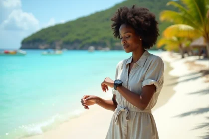 Femme noire en robe légère sur plage caribéenne